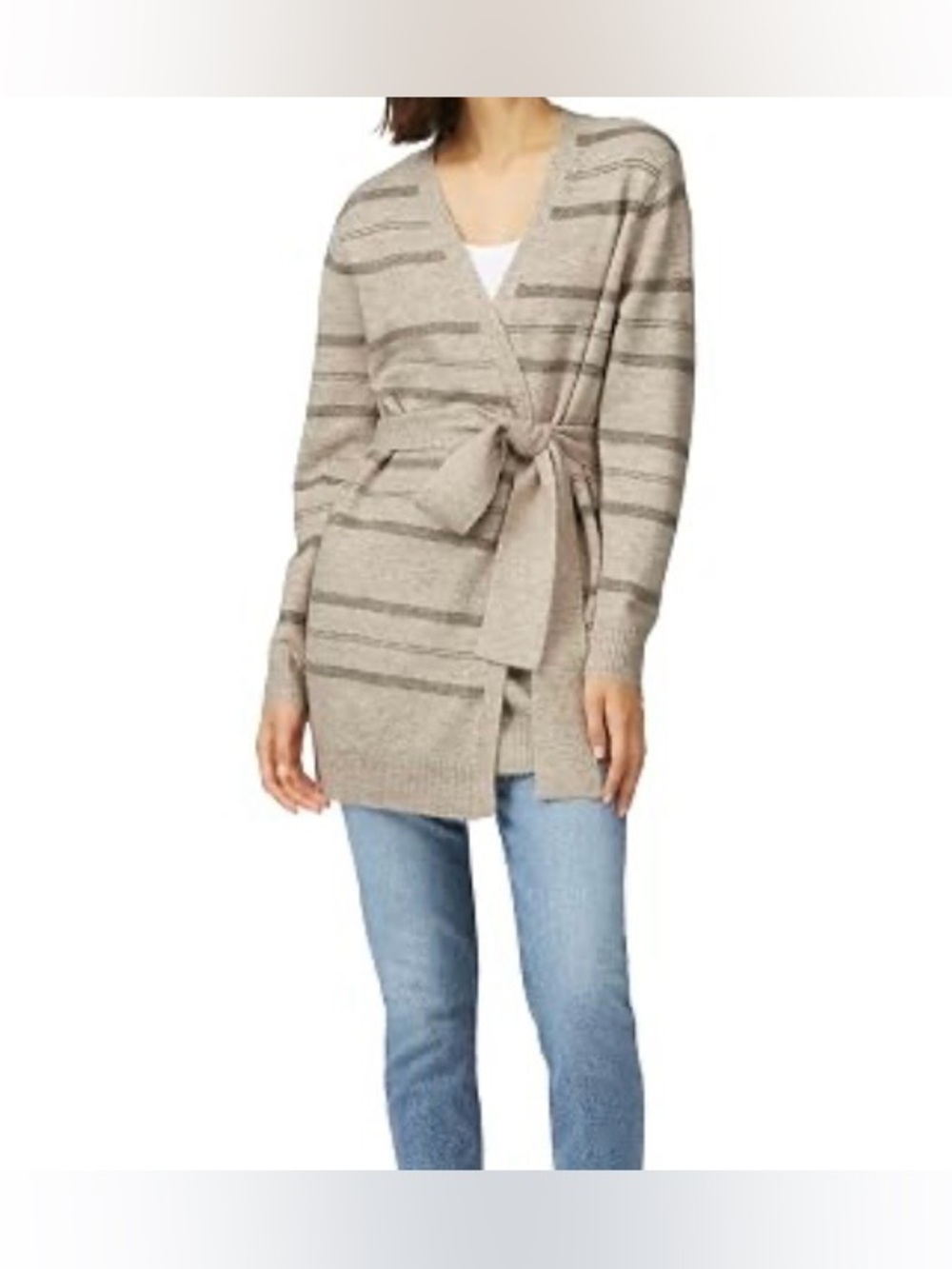 Heartloom Striped Tie-Waist Cardigan Sweater - Cream and Taupe size S